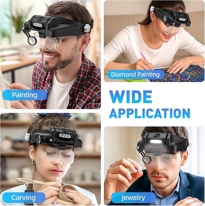 Beileshi Head Mounted Magnifier,1x-6x,8X Head Magnifying Glass with LED Light with Cold and Warm Light Source, Professional Jeweler's Loupe Light
