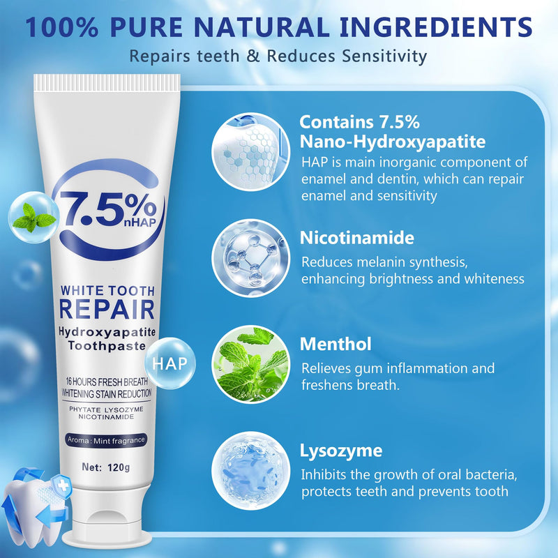 [Australia] - 7.5% Hydroxyapatite Toothpaste-Enamel Protection and Tooth Strengthening, Fluoride-Free Safe, Nano Hydroxyapatite Toothpaste Stain Removal, Whitening Tooth, Gentle Mint, Fresh Breath 3pcs 