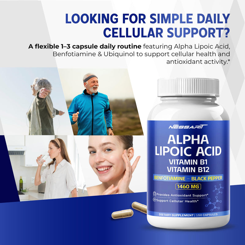 Alpha Lipoic Acid 1460 mg with 1200 mg ALA, Benfotiamine, Ubiquinol CoQ10, Vitamin B1, B12 & Black Pepper | Antioxidant & Cellular Wellness Support | 150 Capsules 150 Count (pack of 1)