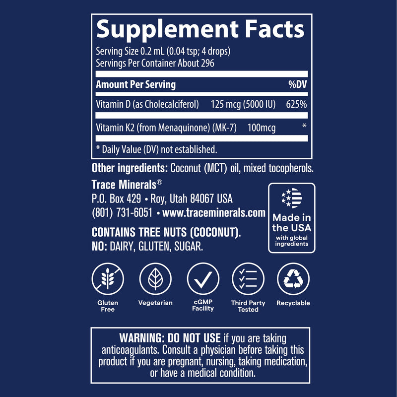 Trace Minerals Liquid Vitamin D3 + K2 Supplement, 5000 IU, 2 fl oz | Ionic liquid drops, 100 mcg K2 per serving, bone and immune support, 3rd-party purity verified, 296 servings per bottle