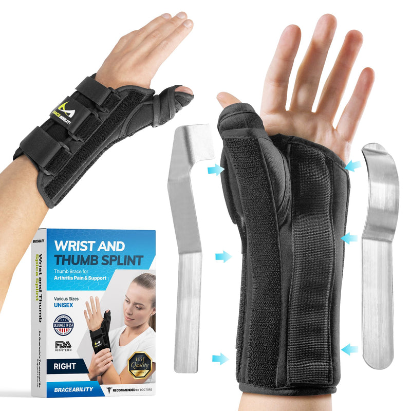 BraceAbility Wrist and Thumb Spica Splint - De Quervain's Tenosynovitis Long Forearm Cast Stabilizer for Tendonitis, Sprains, Thumb Brace for Arthritis Pain and Support - (XS Right Hand) X-Small