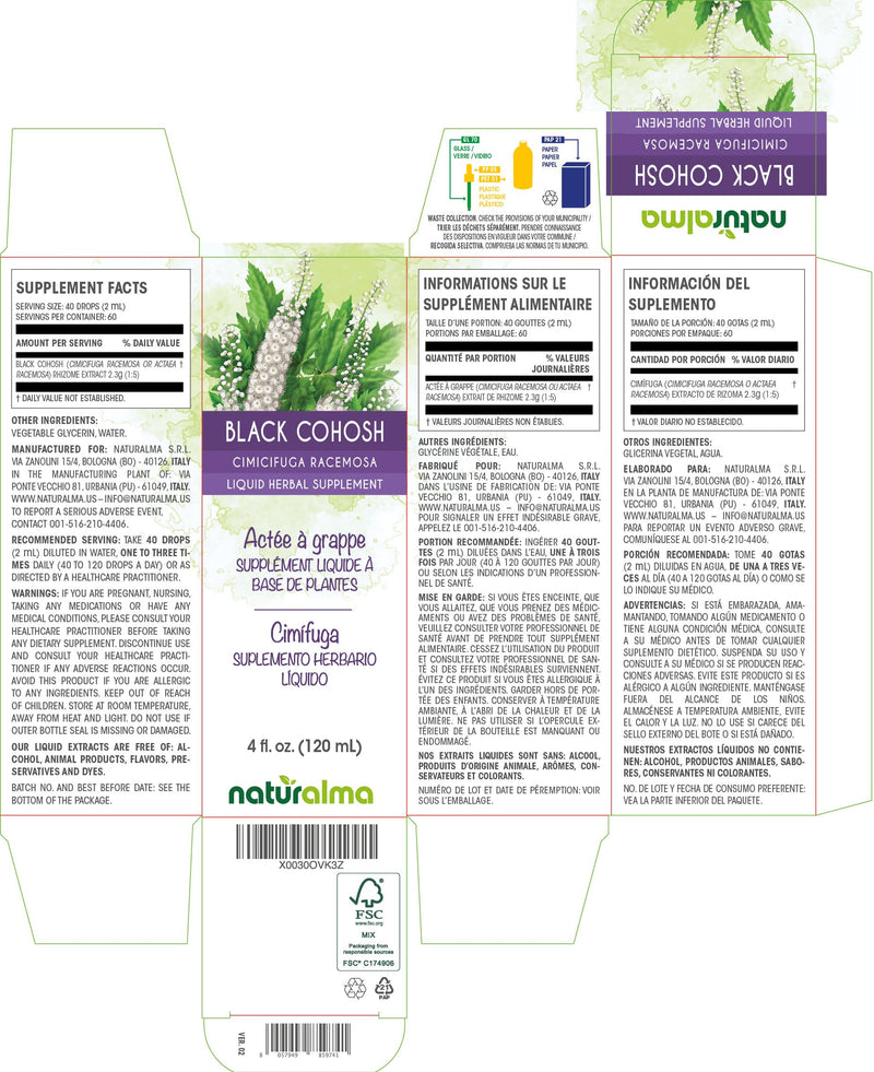 [Australia] - Naturalma Black cohosh (Cimicifuga racemosa or Actaea racemosa) rhizome Alcohol-free Tincture - 4 fl oz Liquid extract in drops - Herbal supplement - Vegan 4 Fl Oz (Pack of 1) 