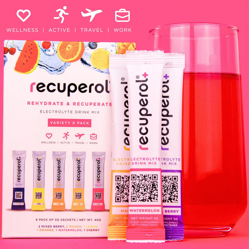 Recuperol Electrolytes Sachets - Rehydration Electrolytes Powder with Zinc, Vitamin C, B12, D3 & Potassium for Hydration - Sugar Free, Vegan & Low Calorie - Variety 30 Pack (6 Natural Flavours)