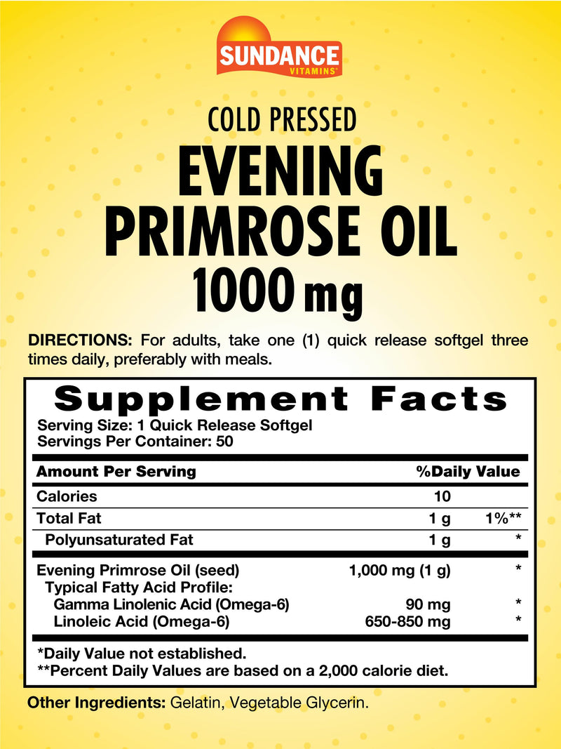 [Australia] - Sundance Evening Primrose Oil 1000mg | 50 Softgels | Cold Pressed Supplement | Non-GMO, Gluten Free Fomrula 
