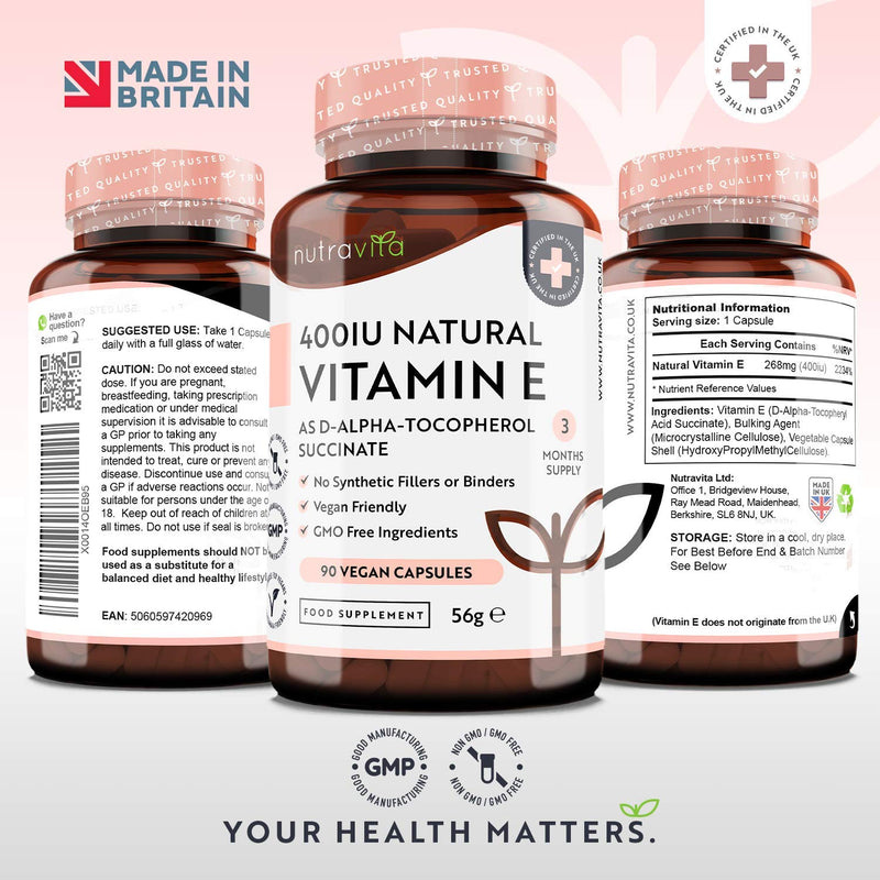 [Australia] - Vitamin E 400IU D-Alpha Tocopherol - 100% natural vitamin E - 90 vegan capsules - highly absorbable - 3 month supply - protects cells from oxidative stress - Manufactured by Nutravita 