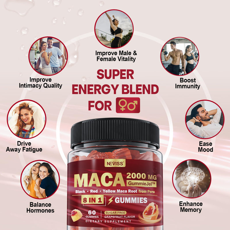 [Australia] - 2 Pack Sugar Free Maca Root Gummies 2000mg with Ashwagandha, Tribulus Terrestris, Rhodiola, Panax Ginseng, L Arginine & L Tyrosine - Organic Black Red Yellow Maca Root for Women Men Energy Support 120 Count (Pack of 2) 