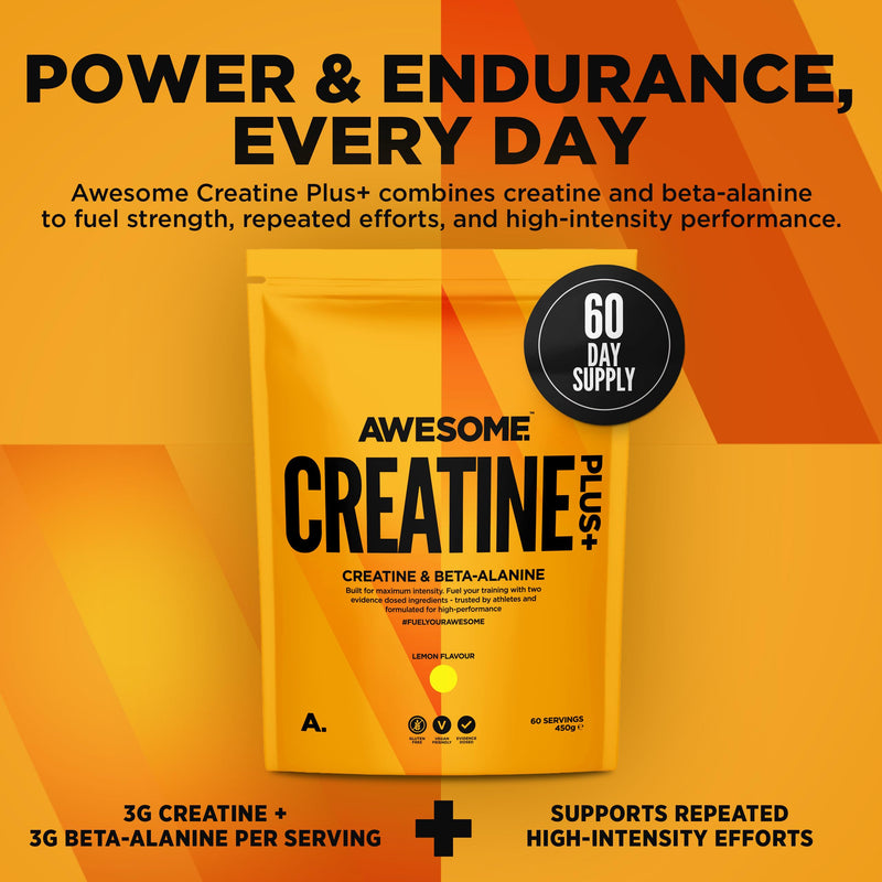 Awesome Creatine Plus+ Powder – 3g Creatine Monohydrate + 3g Beta-Alanine Per Serving – Supports High-Intensity Performance & Repeated Efforts – Lemon Flavour – 450g (60 Servings)