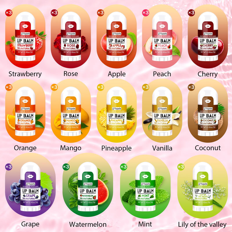 Yopela Mini Lip Balm Bulk 42 Pack, Natural Lip Balms with Vitamin E and Coconut Oil, Moisturizing and Nourishing Dry Cracked Lips,14 Flavors Chap Sticks Small Gift Party Favors for Kids Adults Pack of 42