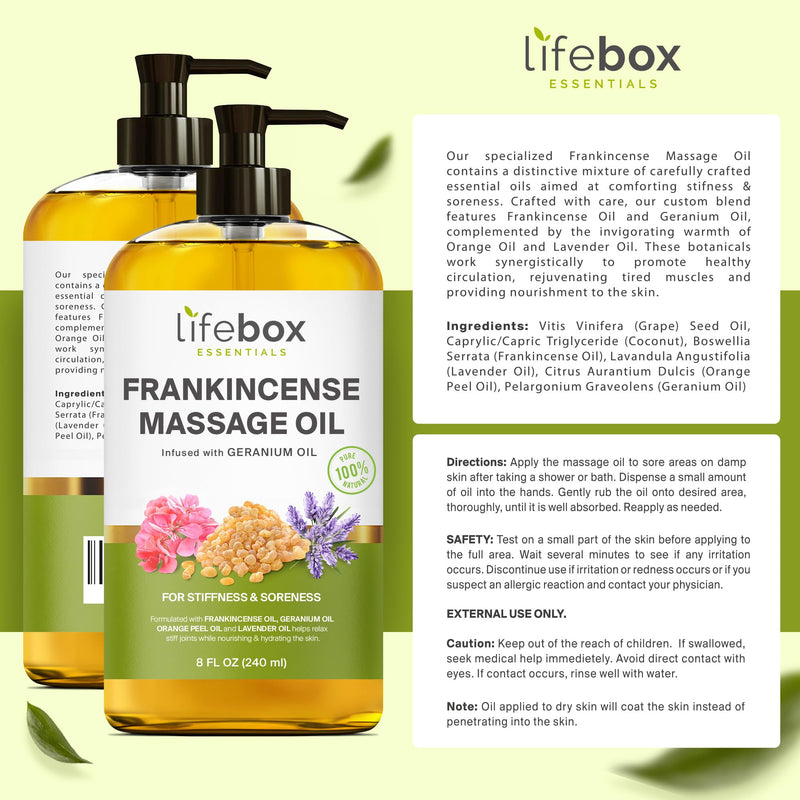 [Australia] - Frankincense Massage Oil – 100% Pure & Natural - Massage Therapy Oil for Soreness & Stiffness – Stretch Marks and Scars Body Oil Infused with Frankincense Essential Oil and Geranium Oil – 8 FL OZ 8 Fl Oz (Pack of 1) Frankincense - 8 Fl Oz (Pack of 1) 