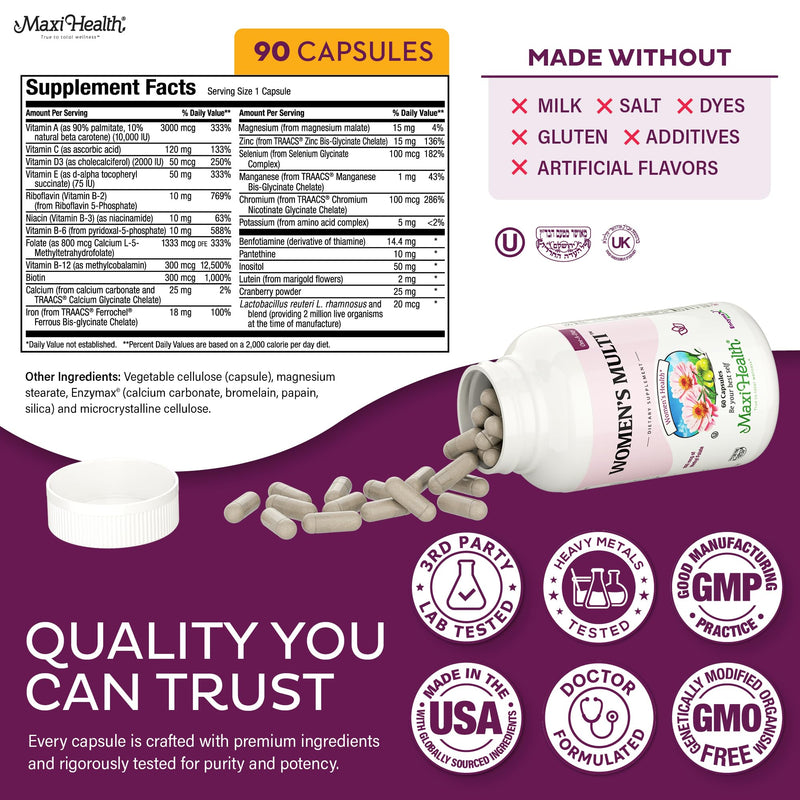 Maxi Health® Women's Multivitamin with Probiotics & Biotin (90 Capsules) | Kosher | Methylated Multivitamin for Women | Probiotics & Biotin for Energy, Skin & Gut Support | Non-GMO | Doctor Formulated 90 Count (Pack of 1)