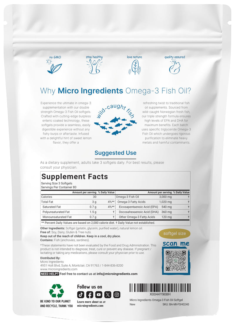 [Australia] - Micro Ingredients Omega 3 Fish Oil Supplements 3,000mg Per Serving, 240 Softgels | Lemon Flavored ‚Äì Burpless | EPA 540mg + DHA 360mg | Deep Sea Fish 