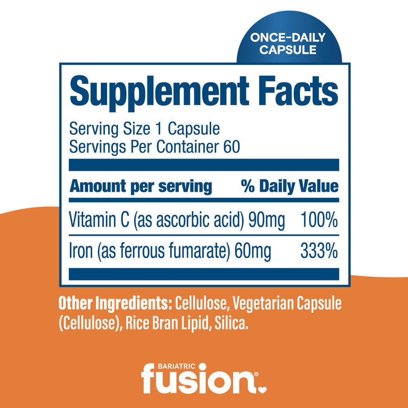 Bariatric Fusion Iron Supplement 60mg with Vitamin C | Easy to Swallow Capsule | Ferrous Fumarate Vitamins for Women and Men | Gluten, Dairy and Soy Free | Non-GMO | 60 Count Unflavored 60mg