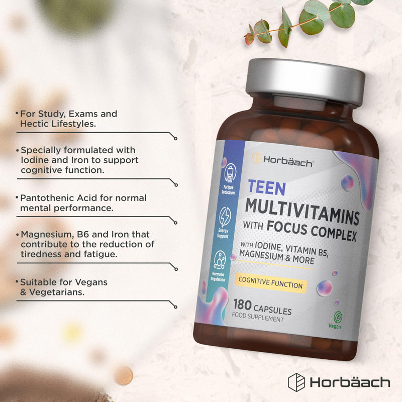 Multivitamin Tablets for Teenagers with Focus Complex | 180 Capsules | High Strength Complex with Vitamin B6, B5, Magnesium, Iron and Zinc | Vegan Supplement for Teens 13+ | By Horbaach