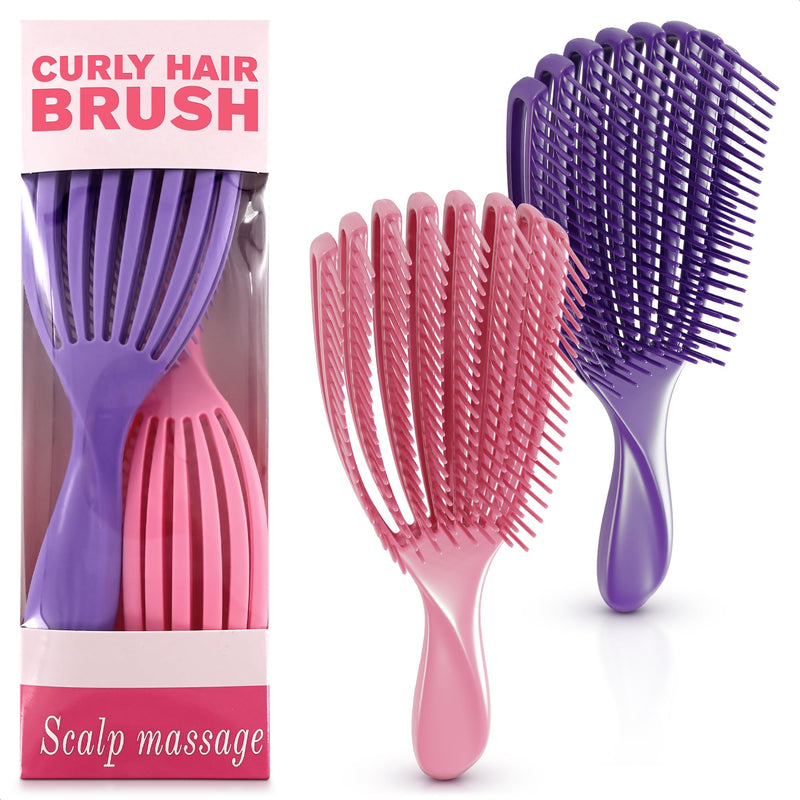2 Pcs Detangling Curl Brush for Curly Hair Pink & Violet Set – Ergonomic Shell Shape Design and Scalp-Fitting Detangling Brush for Curly Hair and Locks – Easy Tangle Removal Curl Detangler Brushes 2 Pcs Seashell