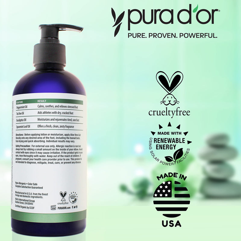 [Australia] - PURA D'OR 16 Oz FootFocus Organic Aloe Vera Gel For Severe Cracked Heel Repair Foot Care Products - Soothes Sore Feet Extra Strength Feet Care - Vitamin E, Peppermint, Tea Tree & Eucalyptus Oil 
