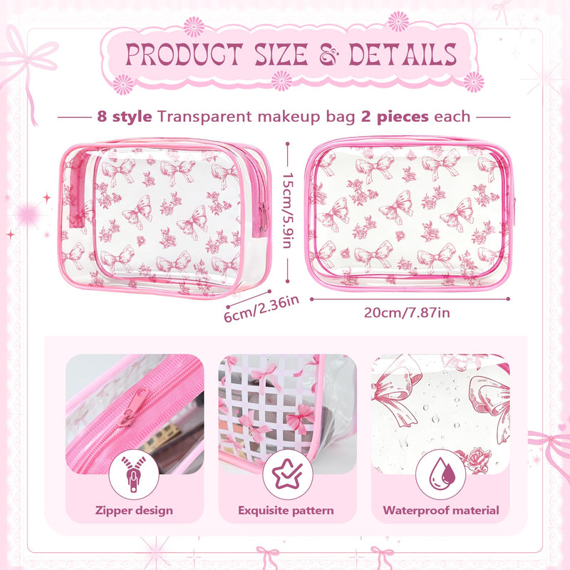 16 Set Pink Bow Party Favors for Women Clear Floral Bow Makeup Bags Mini Compact Mirrors Bulk Waterproof Coquette Pink PVC Cosmetic Bags for Guests Bridesmaids Wedding Party Supplies 16