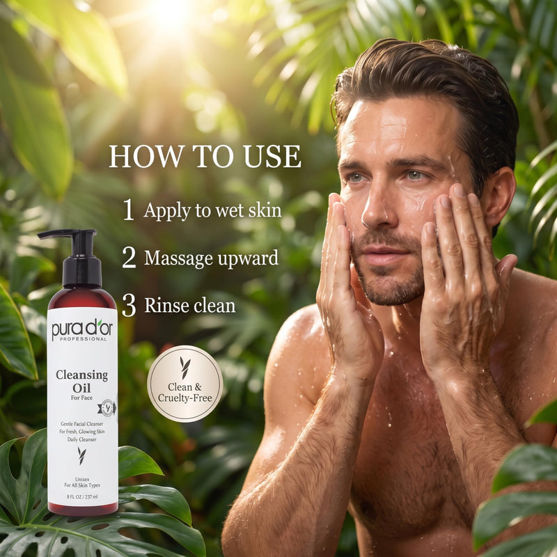 PURA D'OR Facial Cleansing Oil (8 Oz x2 = 16 Oz) Nourishing Botanical Blend with & Vitamin, Jojoba and Sunflower Oil - Gentle Makeup Remover & Deep Cleanser For Healthy, Glowing Skin - Paraben-Free 8 Fl Oz (Pack of 2)