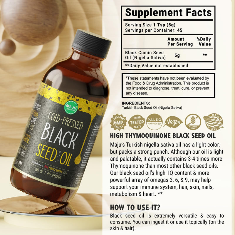 [Australia] - MAJU Black Seed Oil - 3 Times Thymoquinone, Cold-Pressed, 100% Turkish Black Cumin Seed Oil, Liquid Pure Blackseed Oil, Glass Bottle, 8 oz 8 Fl Oz (Pack of 1) 