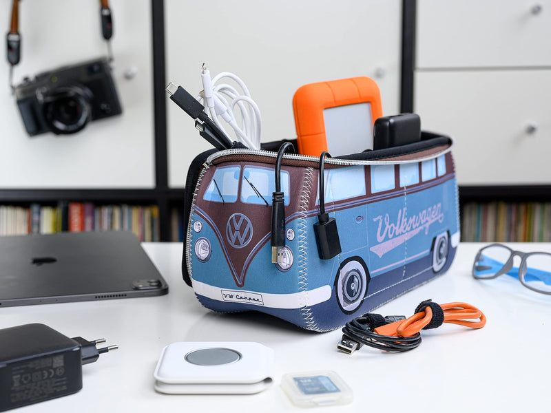 BRISA VW Collection - T1 Bus Camper Toiletry Bag Cosmetic Case | Volkswagen Toiletry Bag Cosmetic Case, Water-Repellent, Hanging Hook, 4 Mesh Pockets, Travel, Neoprene, Petrol/Brown Large Large (11.8 X 5.5 X 4.7 Inches)