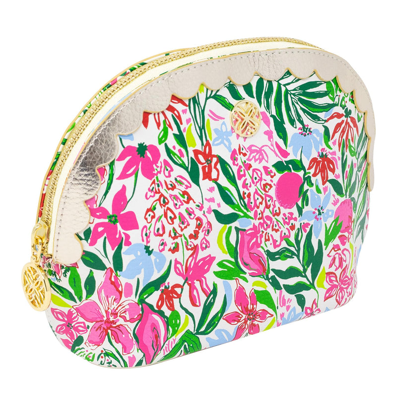 Lilly Pulitzer Vegan Leather Zipper Pouch Set of 2, Large and Small Travel Toiletry Bags with Scallop Edges for Supplies, Makeup or Toiletries (Glowing Garden/Feeling Poppy)