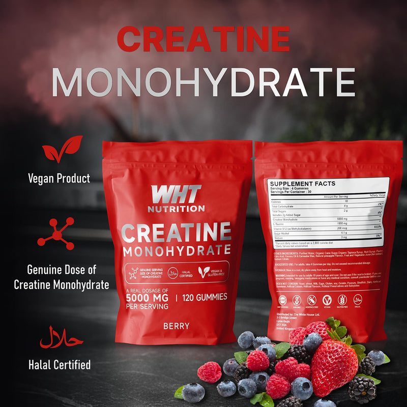 Creatine Gummies – 5000mg Real Creatine Monohydrate per Serving – Halal Certified, Vegan & Gluten Free – 120 Gummies (Berry/Pineapple) (Berry) Berry