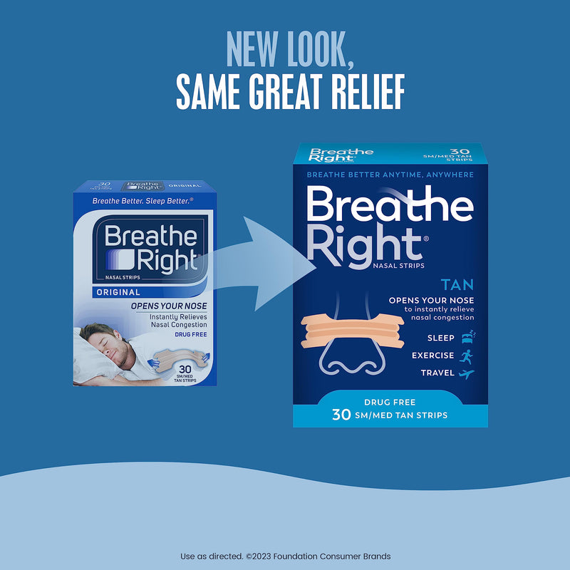 [Australia] - Breathe Right Original Nasal Strips | Tan Nasal Strips | Sm/Med | Help Stop Snoring | Drug-Free Snoring Solution & Instant Nasal Congestion Relief Caused By Colds & Allergies 30ct (packaging may vary) 