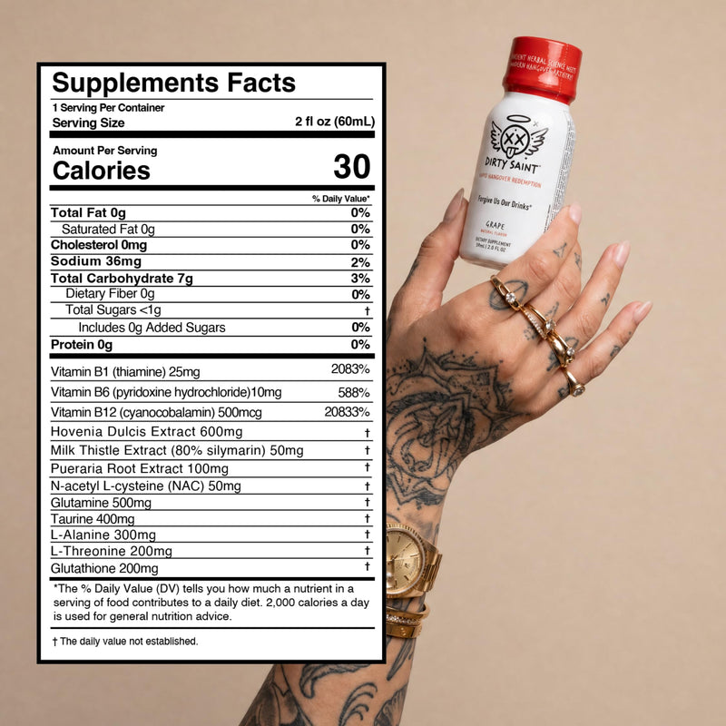 DIRTY SAINT Next Morning Revival Shot | 16 Functional Ingredients, 6 Doses | DHM | Next Day Resurrection | Korean Raisin Tree, No Sugar, Milk Thistle, NAC, B Vitamins, Electrolytes, Natural Grape 2 Fl Oz (Pack of 6)
