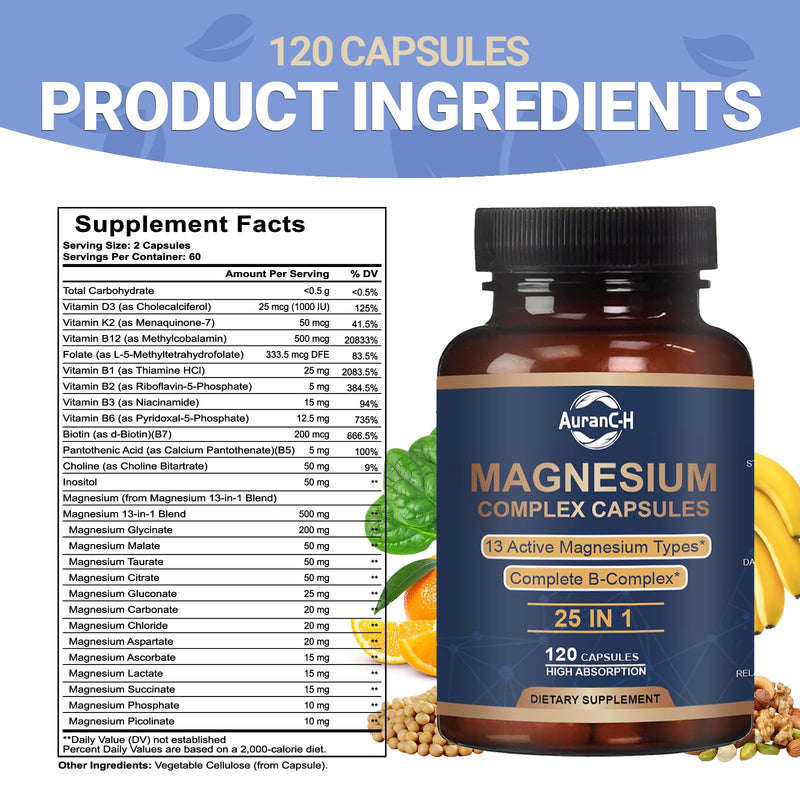 25-in-1 Magnesium Complex with Methylated B Complex Magnesium Glycinate Citrate Malate Taurate Gluconate Aspartate Carbonate D3 K2, Magnesium Complex Supplement for Relaxation Energy & Nerve