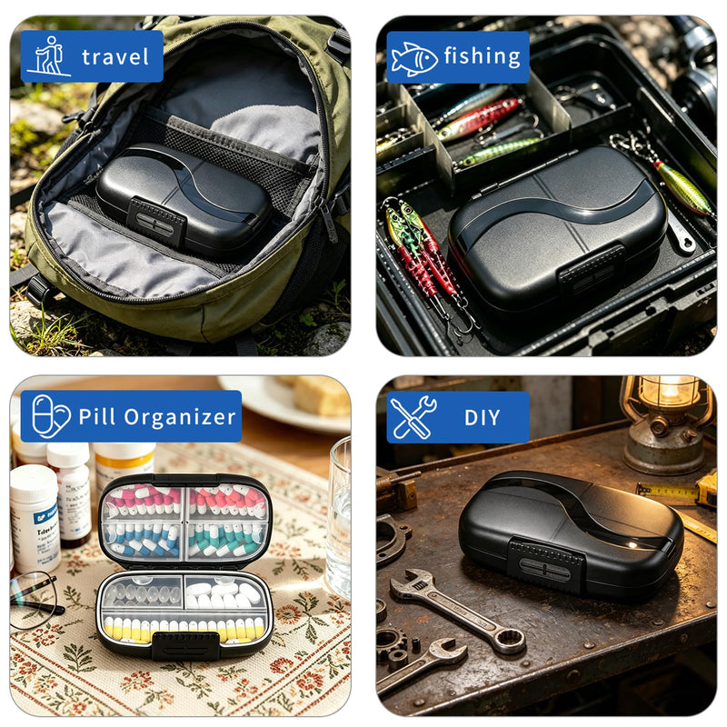 Large Pill Organizer for Purse 7 Day Vitamin Box Travel Case for Fish Oil | Black Pill Container with Label,Double Lock,Water-proof Medicine Holder,Portable for Daily Supplements & Small Accessories
