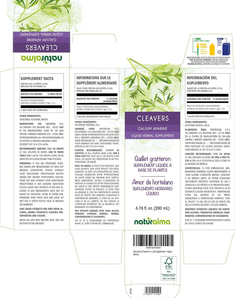Naturalma Cleavers or Clivers (Galium aparine) herb with Flowers Alcohol-Free Tincture - 6.76 fl oz Liquid Extract in Drops - Herbal Supplement - Vegan 6.76 Fl Oz (Pack of 1)