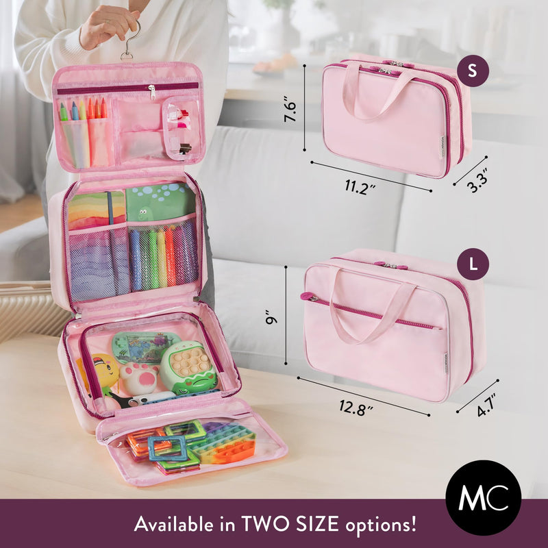 Kids Travel Organizer – Multi-Compartment, Water-Resistant Hanging Bag for Toys, Snacks, & Activities - Compact, Lightweight Design with Hook & Carry Handle - Perfect for Travel Use (Pink, Large) Pink