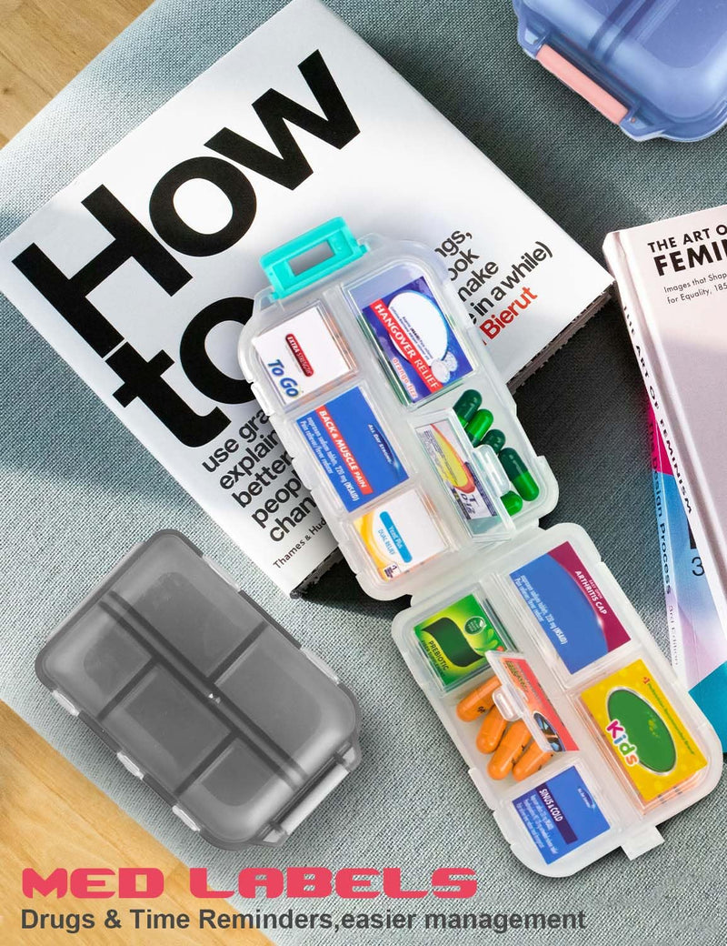 3 Pcs DIY Travel Pill Organizer with Labels Pocket Pharmacy, 3 Pill Box & 420 Medicine Labels, Portable Travel Essentials Mini Pill Container 7 Day Pill Case Storage Vitamin Fish Oil (Set A) Gray + Blue + White 3 PCS