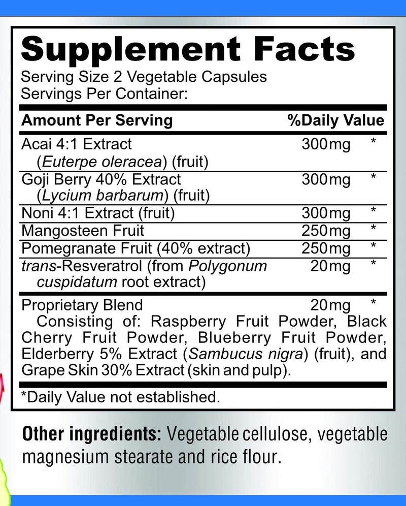 [Australia] - Super Antioxidant Fruit Superfood Complex - Powerful Antioxidant Superfruits, Acai, Goji, Noni, Mangosteen, Pomegranate, Elderberry, Resveratrol, Immune Support, Skin Care - 60 Capsules 