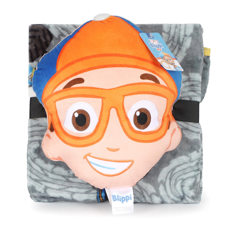 Jay Franco Kids Nogginz Set – 12" Inches Nogginz Pillow & 40" x 50" Inches Cozy Plush Throw Blanket, Ultra-Soft Character Nap Set for Travel, Bedroom & Couch Décor, Gray - Blippi