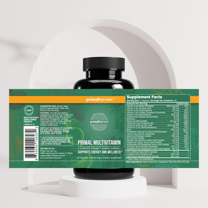 Primal Harvest Multivitamin - Daily Supplement, Gluten & Soy Free 30 Count (Pack of 1)