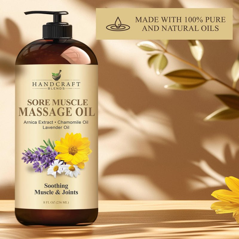 [Australia] - Handcraft Blends Sore Muscle Massage Oil 8 Fl Oz - Moisturizing Body Oil for Massage Therapy - Made with Arnica Extract, Chamomile, Lavender, Peppermint Oils 8 Fl Oz (Pack of 1) 