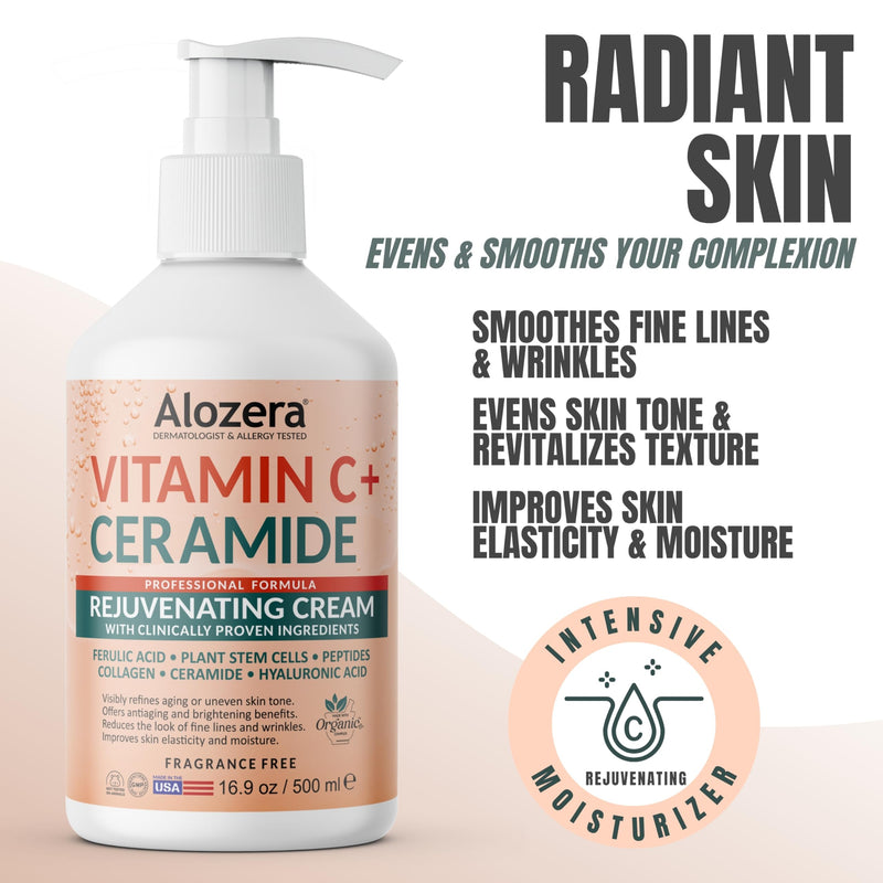 Alozera Rejuvenating Body Lotion with Vitamin C + Ceramide, Body Moisturizer Cream Helps Brighten Skin & Even Skin Tone, Lightweight & Fast Absorbing Lotion, No Added Fragrance, 16.9 Ounce Unscented 16.9 Ounce (Pack of 1) Hydrating Body Lotion
