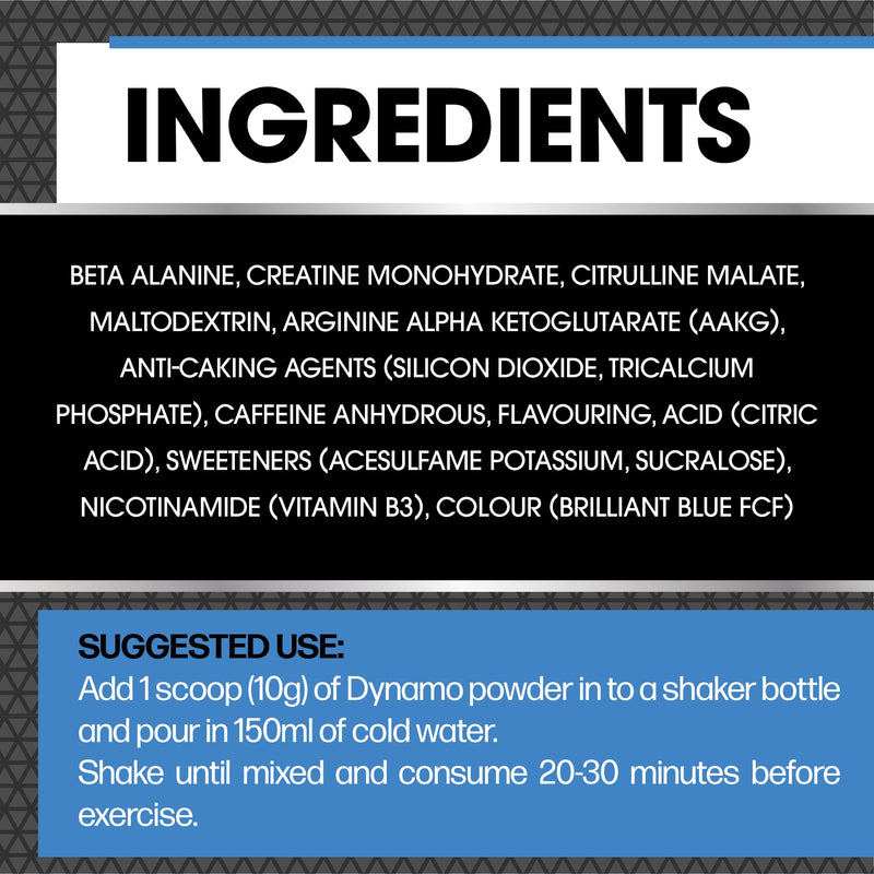 Protein Dynamix - Dynamo Pre Workout - High Intensity Performance - Blue Raspberry - 3000mg Citrulline + AAKG • 2500mg Beta Alanine • 2000mg Creatine • 250mg Caffeine • 200g (Pack of 2) 20 Servings (Pack of 2)