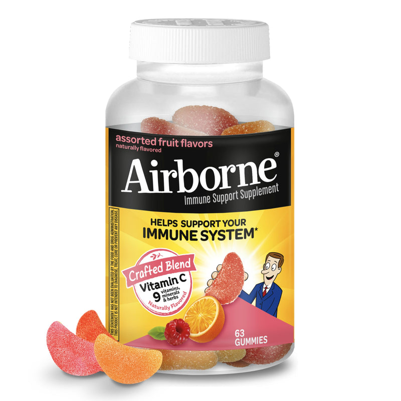 [Australia] - Vitamin C 750mg (per Serving) - Airborne Assorted Fruit Flavored Gummies (63 Count in a Bottle), Gluten-Free Immune Support Supplement with Vitamins A C E, Selenium, Echinacea & Ginger 