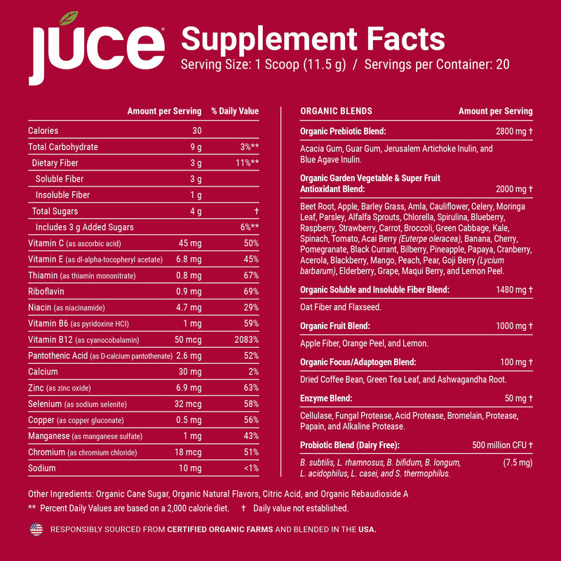 Juce Reds Organic Superfood Powder | Beet Root, 64 Superfoods | 20 Servings | Garden Berry flavor | Probiotics, digestive enzymes & adaptogens | USDA Organic, Non-GMO, Gluten Free