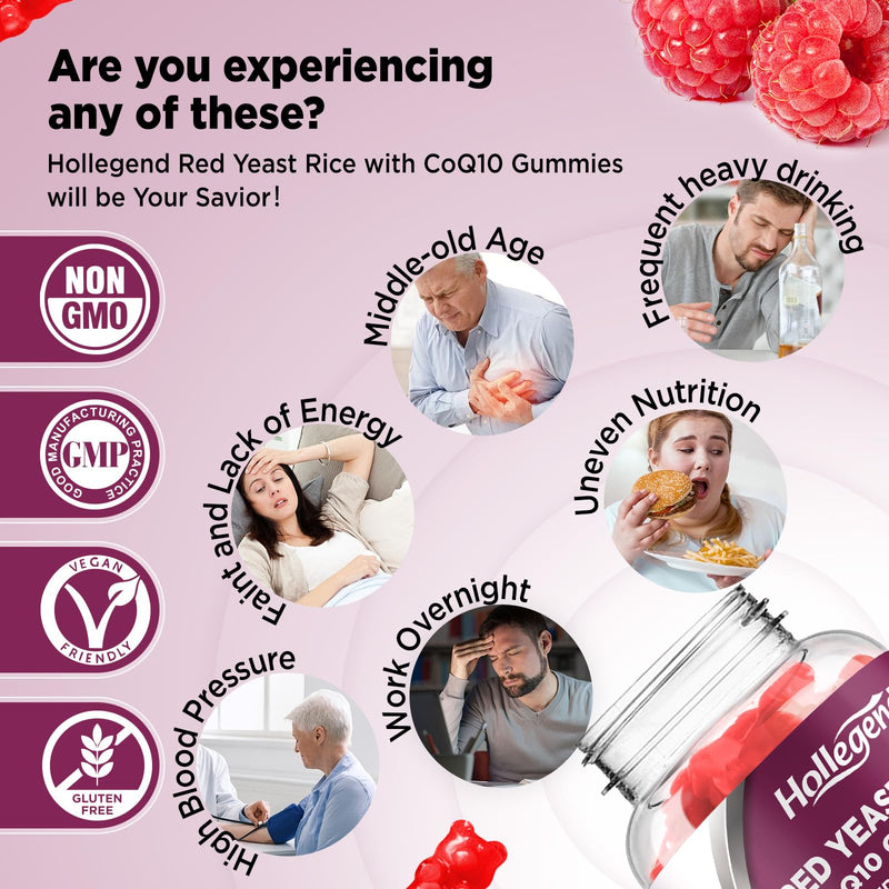 [Australia] - Red Yeast Rice with Coq10 Gummies Sugar Free, Organic Red Yeast Rice 2400mg for Cholesterol Lowering Supplements, Enhanced with Coenzyme Q10 200mg for Heart Health Support, 60 Counts 