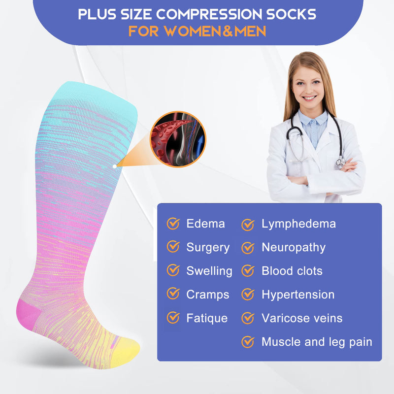 LEVSOX Plus Size Compression Socks for Women Men Wide Calf Extra Large 15-20 mmHg Knee High Sock for Nurses Pregnant Travel 3 Pairs/Tie Dye