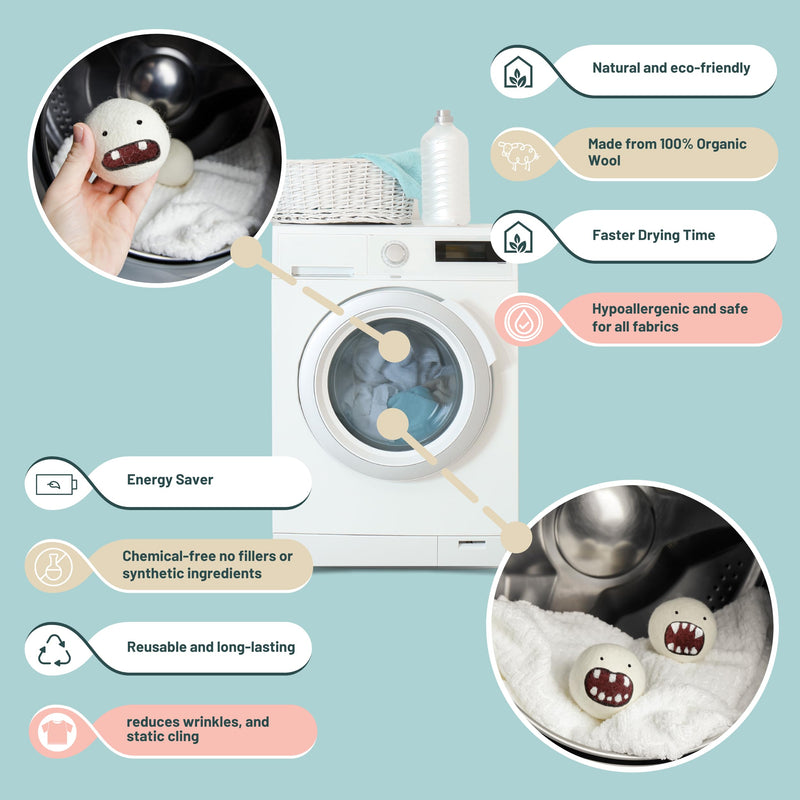 [Australia] - Woolbuddy Dryer Balls, 6 pack Monster Design Reusable Wool Dryer Balls, Home and Cleaning Essentials, Cute & Funny Laundry Accessories for Reusable Pet Hair Removal and Efficient Drying 