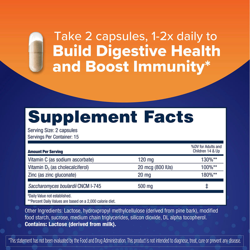 Florastor Advanced Immunity Probiotic, 30 Capsules | Daily Probiotic & Immune Support with Saccharomyces Boulardii Plus Zinc, Vitamin C & D3 30 Count (Pack of 1)