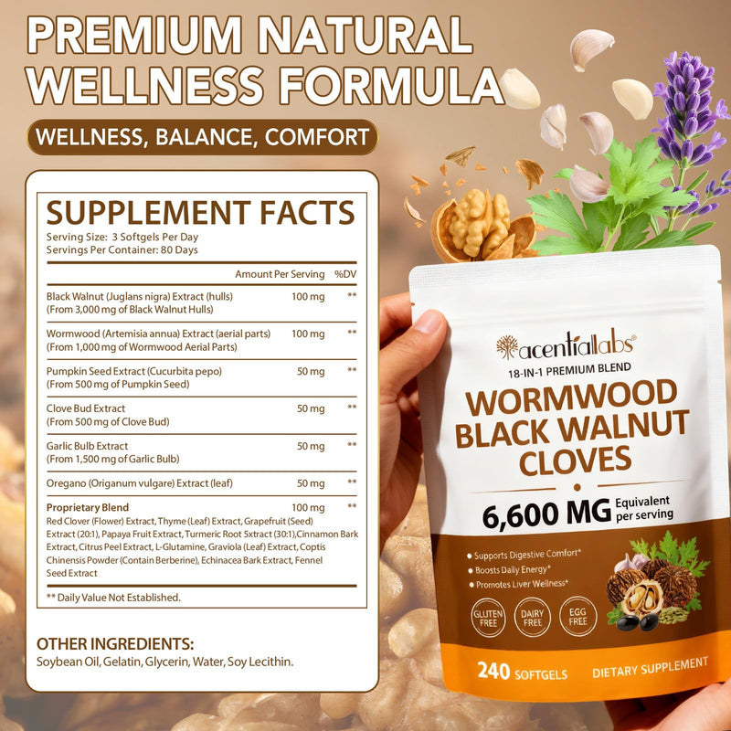 240 Count Wormwood Black Walnut Clove Capsules | 6600 mg per Serving | 18-in-1 Premium Herbal Blend Softgels | Supports Digestive Comfort & Cleanse, Liver Wellness & Daily Energy