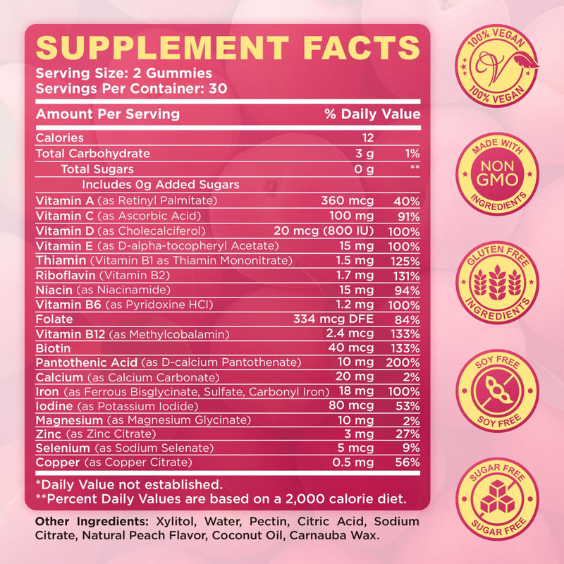 Iron Gummies for Women, Triple Iron Supplement with Multivitamin Iron Gummies with Vitamin C, A, B, Folate, Copper, Zinc for Energy & Blood Support, Immune Health, Vegan Peach, Flavor 60 Counts 60 Count (Pack of 1)
