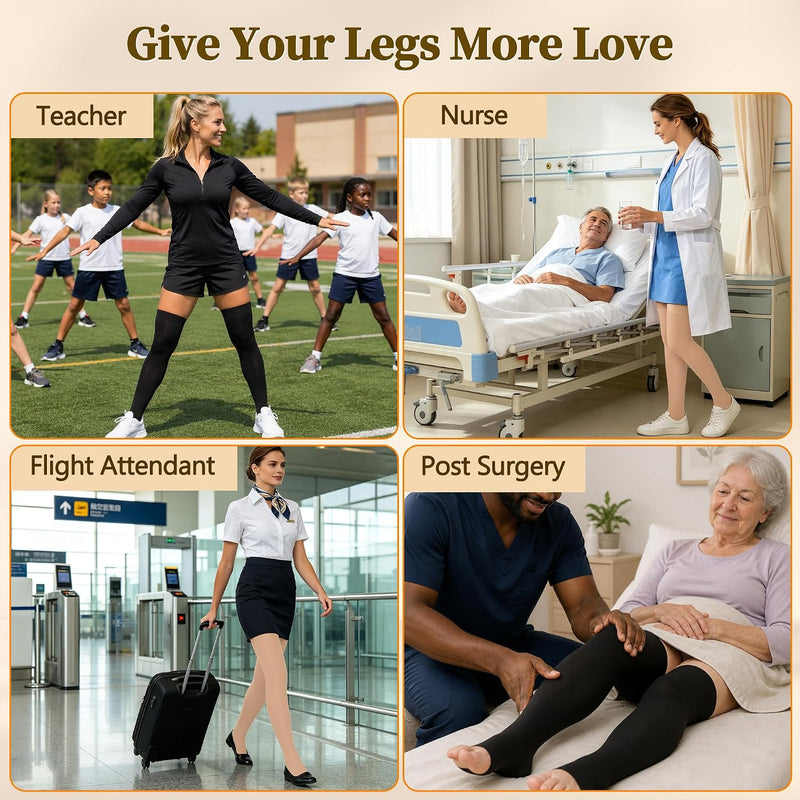 Thigh High Compression Stockings, Open Toe, Pair, Firm Support 20-30mmHg Gradient Compression Socks with Silicone Band, Unisex, Opaque, Best for Spider & Varicose Veins, Edema, Swelling, Black XXL 2X-Large