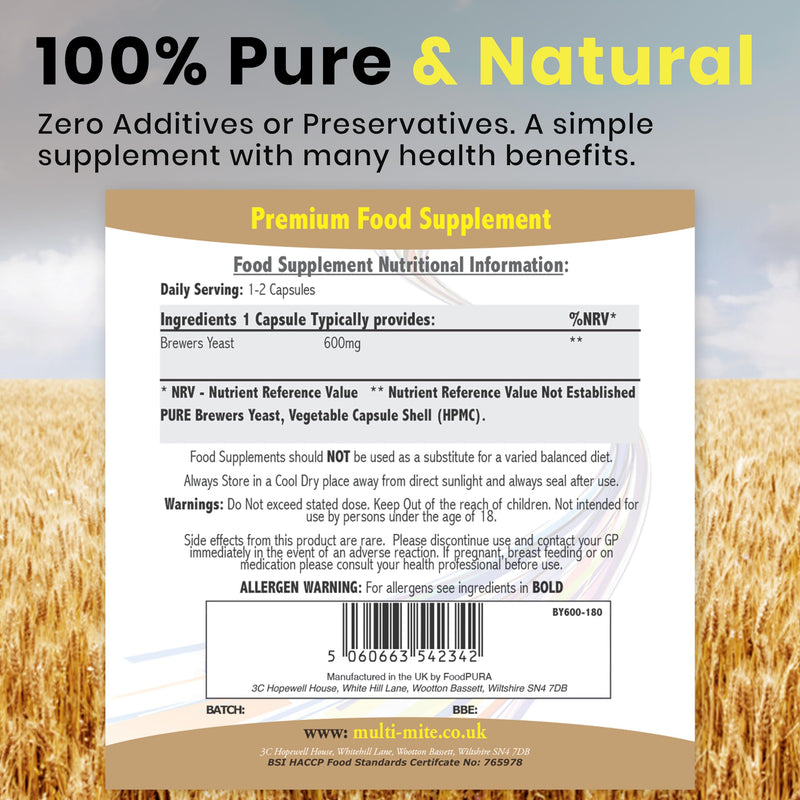 180 x 600mg Brewers Yeast Capsules 100% Pure & Natural Not Debittered HACCP Certified Manufactured in The UK (180) 180