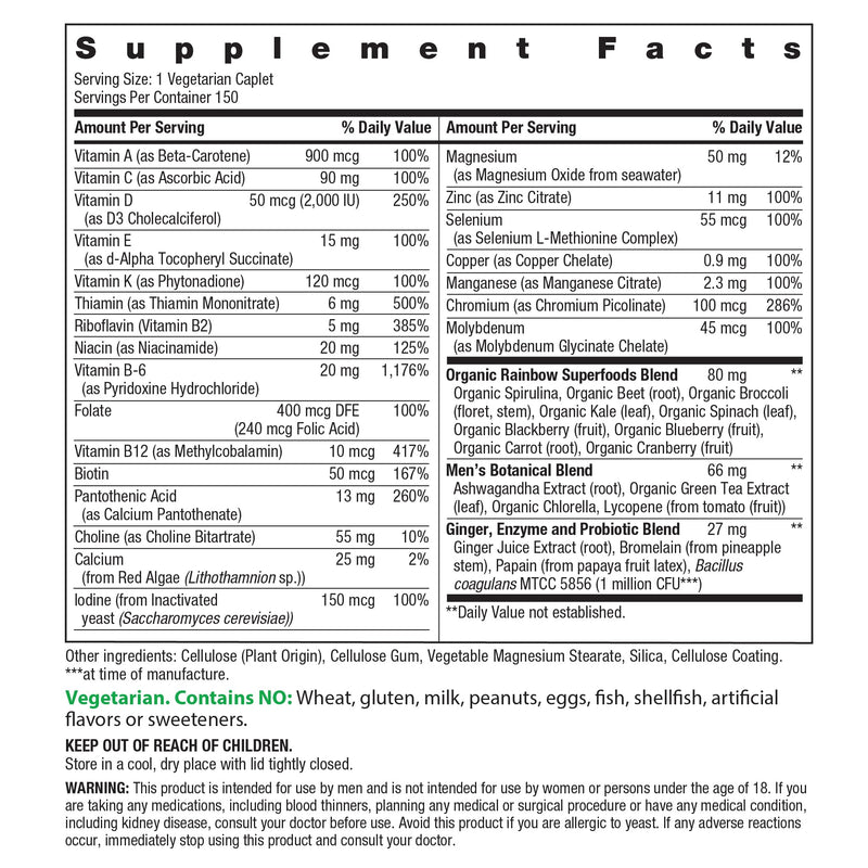 Rainbow Light Mens Multivitamin One + | 150 Caplets | Supports Cellular Energy & Immune Health | with Vitamins C, D, and Zinc | Real Food Nutrients, Digestive Enzymes & Probiotics Men's One 150 Count (Pack of 1)