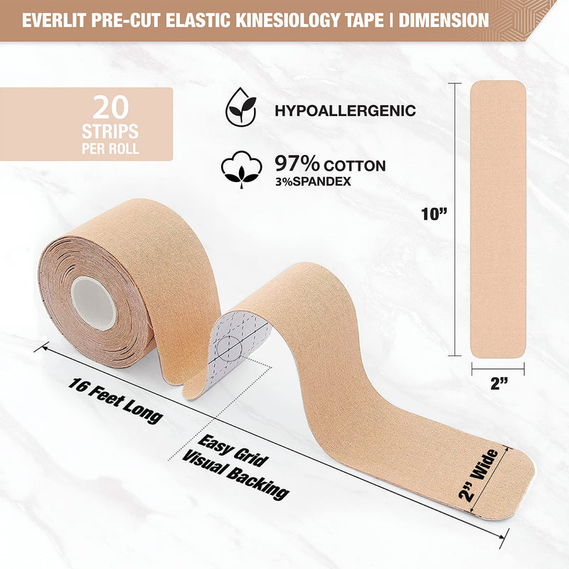 [Australia] - EVERLIT [Single] Pre-Cut Elastic Cotton Kinesiology Therapeutic Athletic Sports Tape, for Pain Relief and Support, 20 Precut 10” Strips (Beige) Beige 